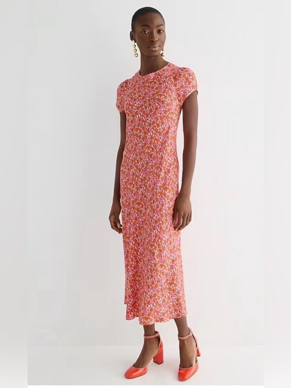 J.Crew Short-Sleeve Gwyneth Cupro-Blend Slip Dress Brilliant Blooms red